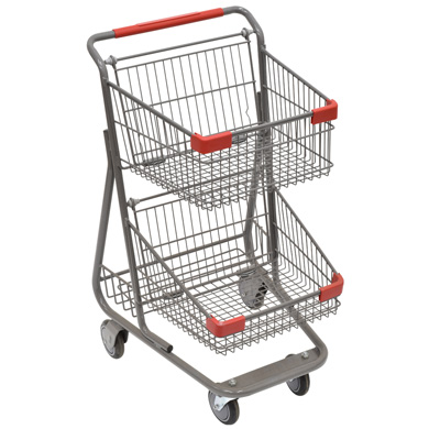 Two Tier Double Basket Grey Metal Grocery Shopping Cart with Double Baskets for Convenience Stores